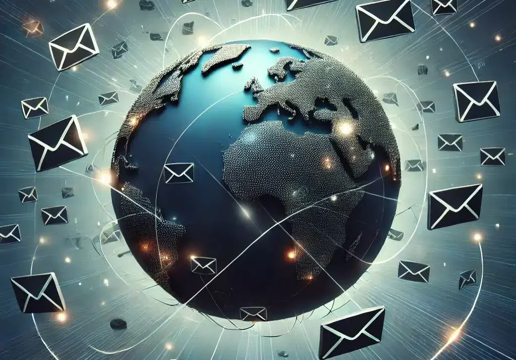 DALL·E 2025-01-09 10.20.46 - A visually striking image of a globe surrounded by a network of flying emails, represented as envelope icons with glowing trails. The globe is detaile